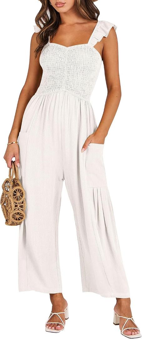 ANRABESS Women Summer Casual Dressy Sleeveless Smocked Wide Leg Linen Jumpsuits Rompers 2026 Trendy Travel Outfit Pocket (White)