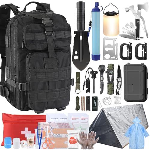 Gifts for Men Christmas Survival Kit, Survival Gear and Equipment 258 PCS with Water Filter, Emergency Tent, LED Lantern, First Aid Kit Supplies, 25L Backpack for Family, Outdoor Camping, Hiking
