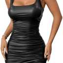 WDIRARA Women's Square Neck Sleeveless Ruched PU Leather Bodycon Mini Dress Party Club Tank Dress Black Medium (Medium)