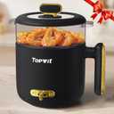 Topwit Hot Pot Electric with Steamer, 1.8L Ramen Cooker, Portable Electric Pot for Cooking, Multifunctional Cooker for Steak, Egg, Soup, Noodle with Power Adjustment, Dorm Room Essential, Black