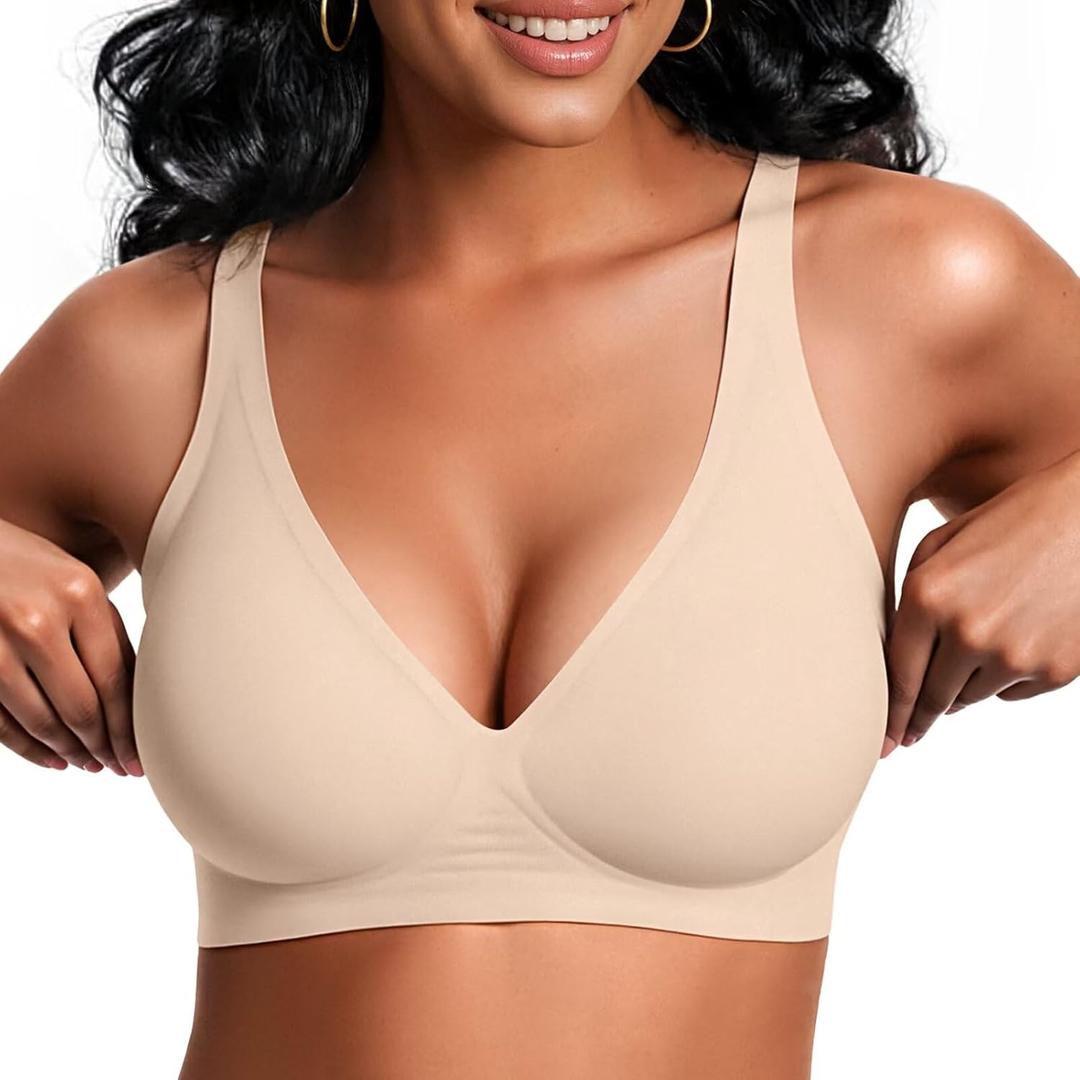 Vertvie Jelly Wireless Bras for Women Push Up Plunge Seamless T-Shirt Bras No Underwire Supportive Full Coverage Bralettes (Beige, L)
