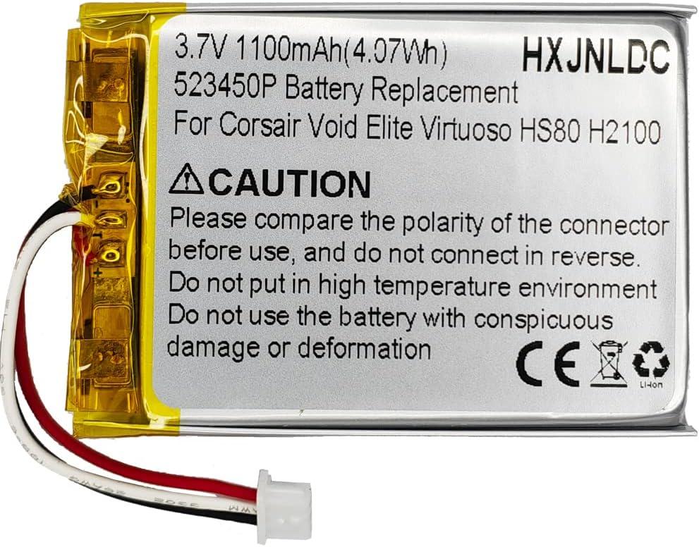 DC 3.7V 523450P 1100mah Battery Replacement for Corsair Void Elite RGB Corsair Virtuoso RGB Corsair HS80 Corsair Void Corsair Void Pro Corsair Void Pro RGB SE H2100 Wireless Headset