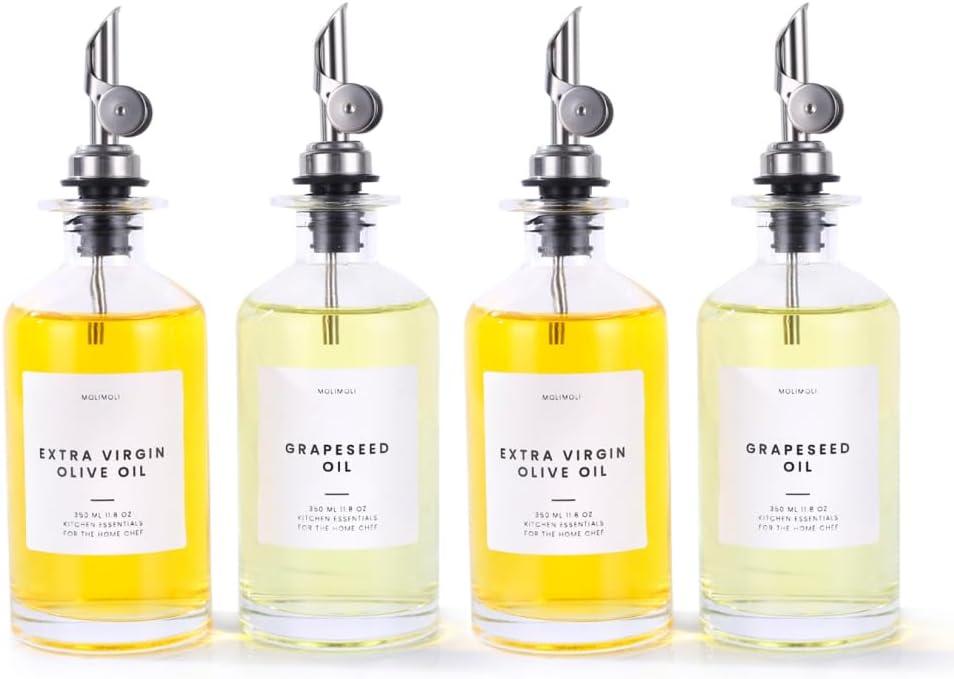 Molimoli Olive Oil Dispenser Bottle for Kitchen, Oil Dispenser w. Weighted Pourer, Glass Bottle Dispenser for Kitchen, Olive Oil Cruet, Glass Olive Oil Bottle | 350ml, Set of 4 (Silver)
