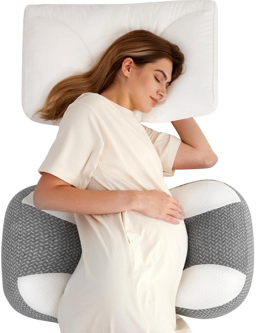 Momcozy Plus W Shaped Pregnancy Pillow for Sleeping, Adjustable Maternity Pillow for Side Sleepers, Portable Wedge Belly Support, Compact Design for Back Belly and HIPS, Grey and White