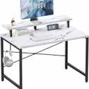 Pamray 32 Inch Small Computer Desk with Monitor Stand, Simple Office Desk with Headphone Hook for Small Spaces, Kids Study Writing Table for Bedroom, Marble