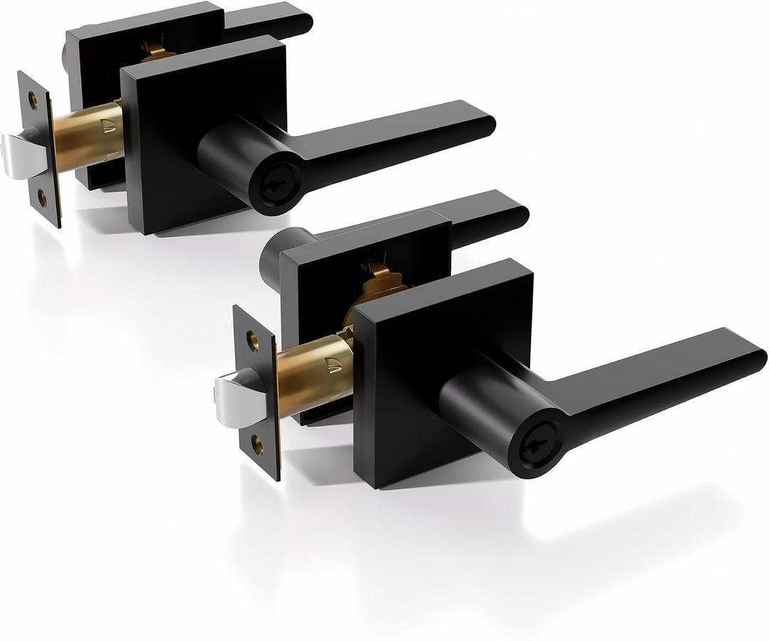 Door Locks for Front Door - 1 Pack Doorknobs for Exterior Door Matte Black Standard Door Handle with Lock Entrance Door Levers with Keys