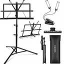 CAHAYA Dual-Use Reinforced Folding Sheet Music Stand with Stand Light & Desktop Book Stand Lightweight Portable Adjustable with Carrying Bag Including Music Sheet Clip Holder (Black)
