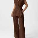 Women's Going Out Two Piece Sets Cap Sleeve Tie Waist Button Down Shirt Wide Leg Pants Dressy Casual Outfits (Brown, M)