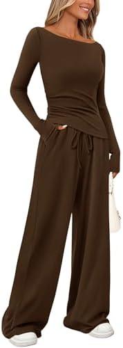 PRETTYGARDEN Women's 2 Piece Lounge Sets Asymmetrical Long Sleeve T Shirt Wide Leg Pants Casual Outfits Tracksuit, Brown, XL