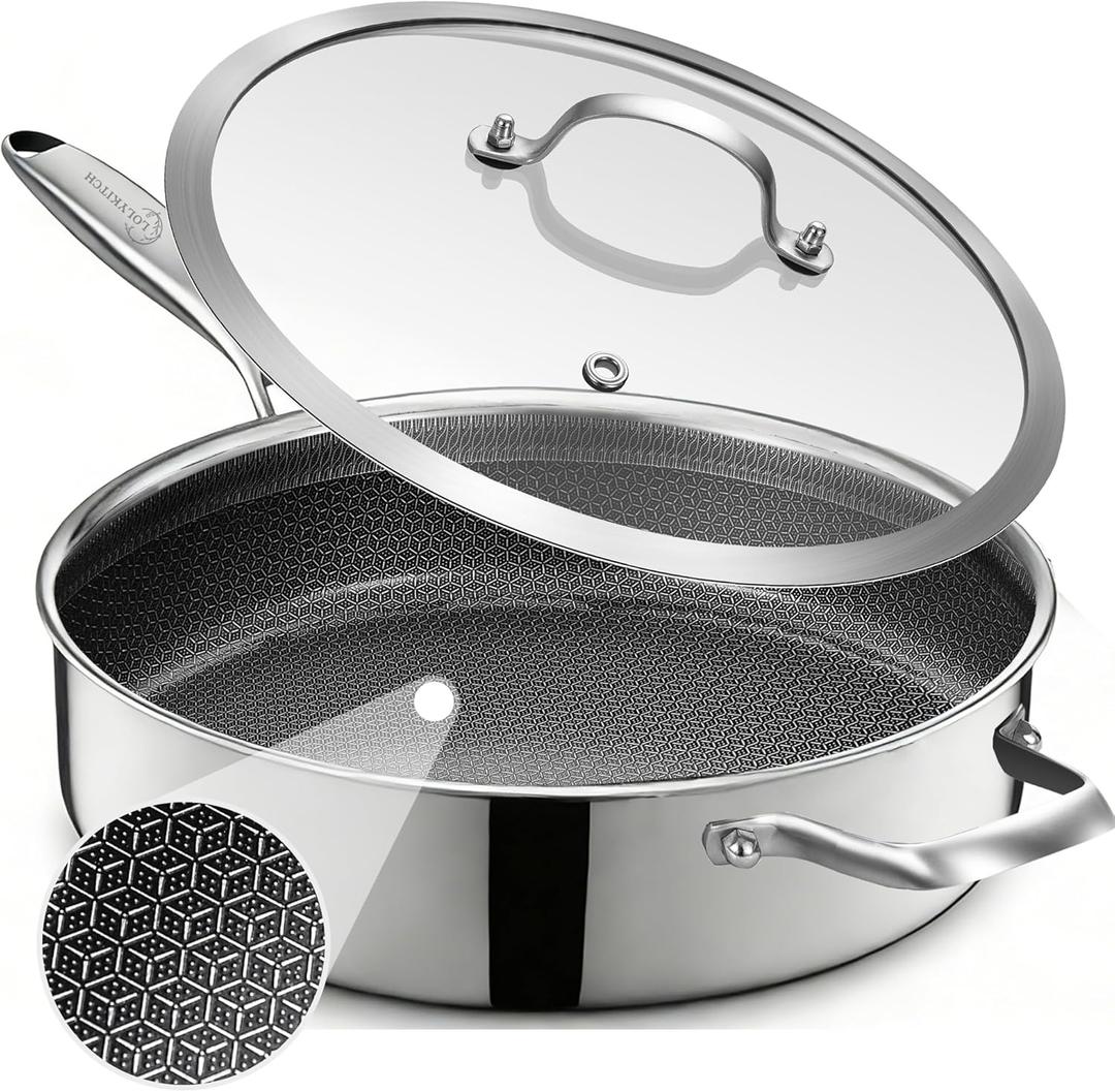 LOLYKITCH 12 Inch Deep Frying Pan with Lid, Nonstick 5QT Tri-Ply Stainless Steel Saut Pan with Ceramic Coating, PFOA & PFOS Free, Induction Cooking Skillet, Dishwasher and Oven Safe
