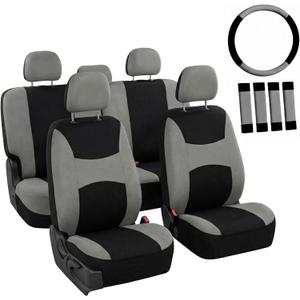 FH Group Universal Fit Gray Black Automotive Seat Covers Combo Set with Steering Wheel Cover and Seat Belt Pad fits Most Cars, SUVs, and Trucks (Airbag Compatible and Split Bench)
