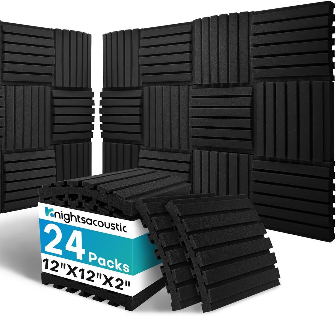 24Packs Curved Sound Proof Foam Panels for Walls, 2" Acoustic Panels Sound Absorbing Dampening, Soundproofing Noise Reducing Cancelling Treatments for Home Office Recoding Studio Decor, 2x12x12" Black