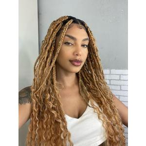 Blonde Goddess Box Braids Crochet Hair 7 Packs 18 Inch Boho Crochet Braids for Women Pre-looped Bohemian Crochet Box Braids with Curly Ends Braiding Hair Extensions, 27