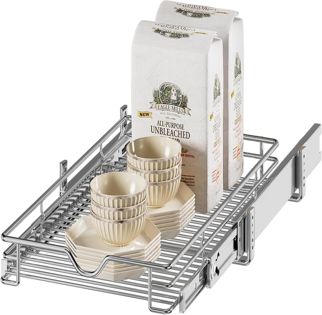 DINDON Pull Out Cabinet Organizer (11" W x 18" D), Pull Out Drawers for Kitchen Cabinets, Slide Out Cabinets Shelves,1 Tier Pull Out Cabinet Drawer Organization for Kitchen (Chrome)