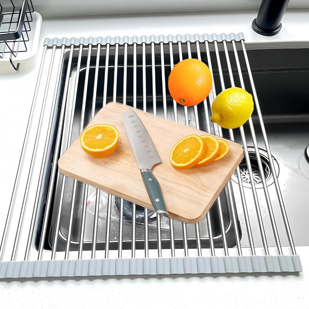Roll Up Dish Drying Rack, 19.7" x 15.8" Over The Sink Dish Drying Rack, Kitchen Dish Rack Foldable Dish Drainer, Stainless Steel Dish Drying Rack for Kitchen Sink Counter Storage (Grey)