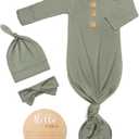 Soft Baby Knot Gown 0-3 Months, Newborn Announcement Sleepers With Mitten Cuffs and Personalized Wooden Name Tag (Armygreen)