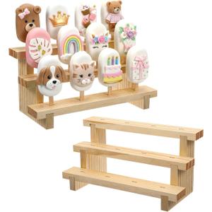 2 Pcs Wooden Cakesicle Stand, 3 Tier 12 Holes Cake Pop Display Holder, Rectangle Wood Lollipop Stick Rack for Wedding, Birthday, Baby Shower, Dessert Table