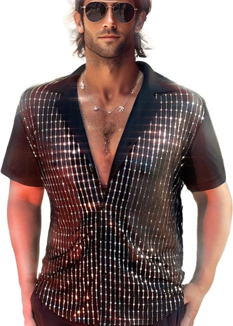 Mens Mesh Sequins See Through 70s Disco Long Sleeve Button Down Shirts (Large, Black Silver-short Sleeve)