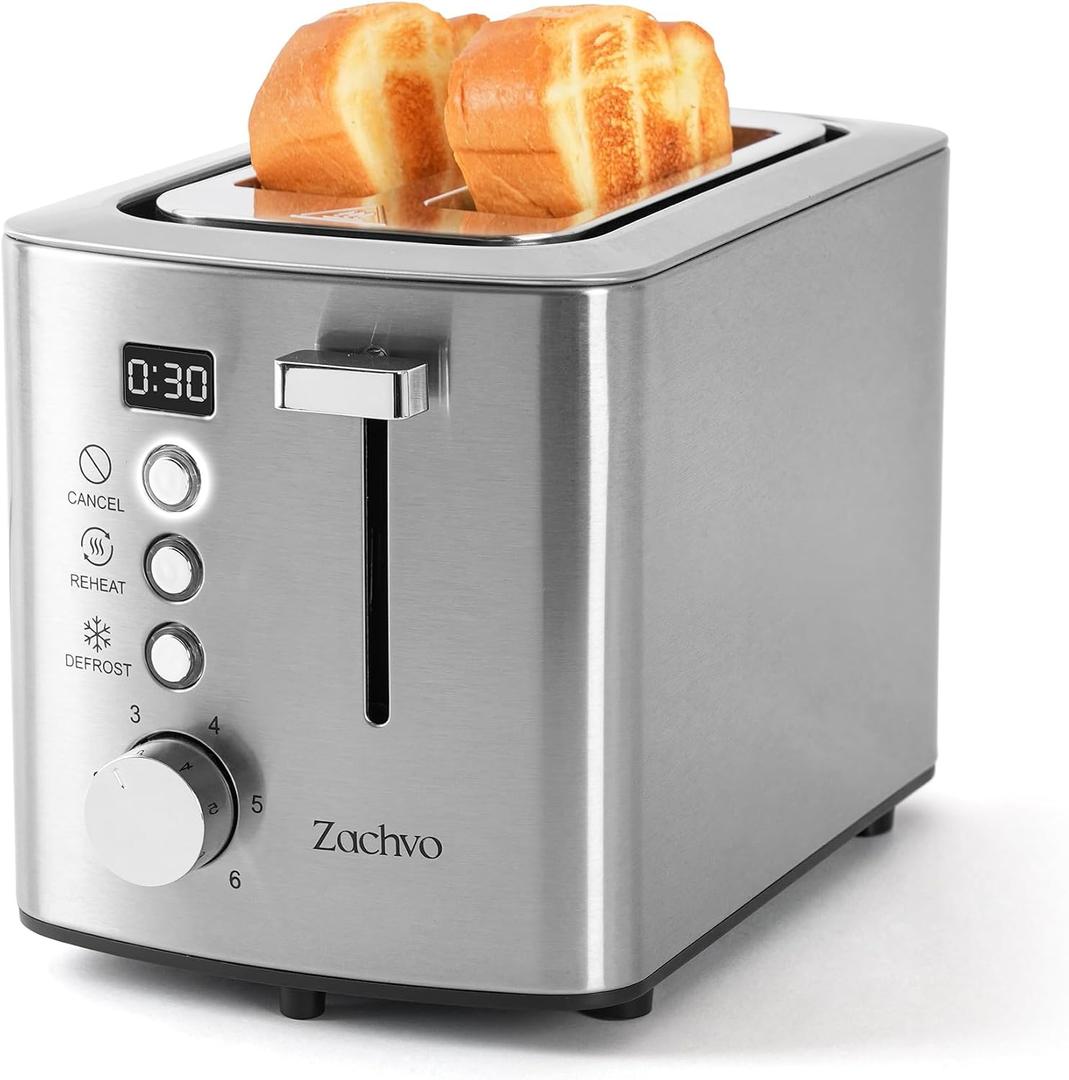 2 Slice Toaster with Wide Slots for Bread & Bagels, Stainless Steel Toaster with Digital Countdown, 6 Shade Settings, Defrost, Reheat & Cancel, Compact Design for Kitchen