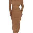 PRETTYGARDEN Women's Fall Off The Shoulder Maxi Dress Spring Long Sleeve Ruched Fitted Bodycon Club Dresses with Slit Small