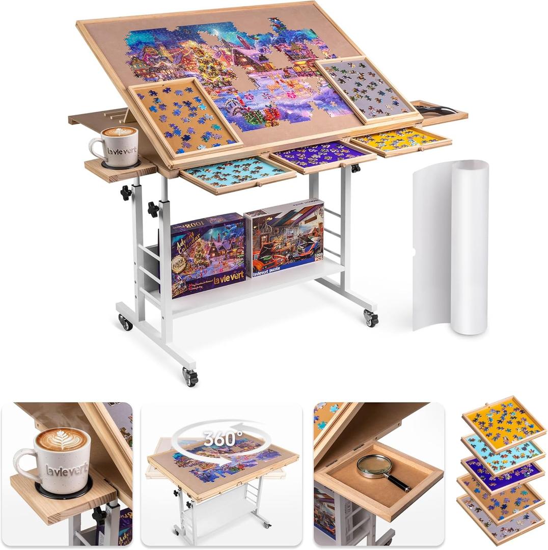 LAVIEVERT 1500 Piece Tilting Puzzle Table with 5 Drawers & Cover, Angle & Height Adjustable Puzzle Board with Removable Cup Holder & Storage Rack, Portable Wooden Table with Legs for Adults