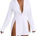 LYANER Women's Button Down Shirt Dress Collar V Neck Long Sleeve Slit Sexy Shirt Dresses (Large, White)