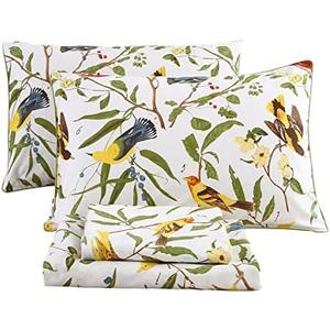 URBONUR 4Pcs Birds Sheets Set for King Bed, Farmhouse Green Leaves Pattern, Luxurious Egyptian Percale Cotton Bed Sheet Silky Smooth Breathable & Cooling Sheets Set Bedding Collection, King Size