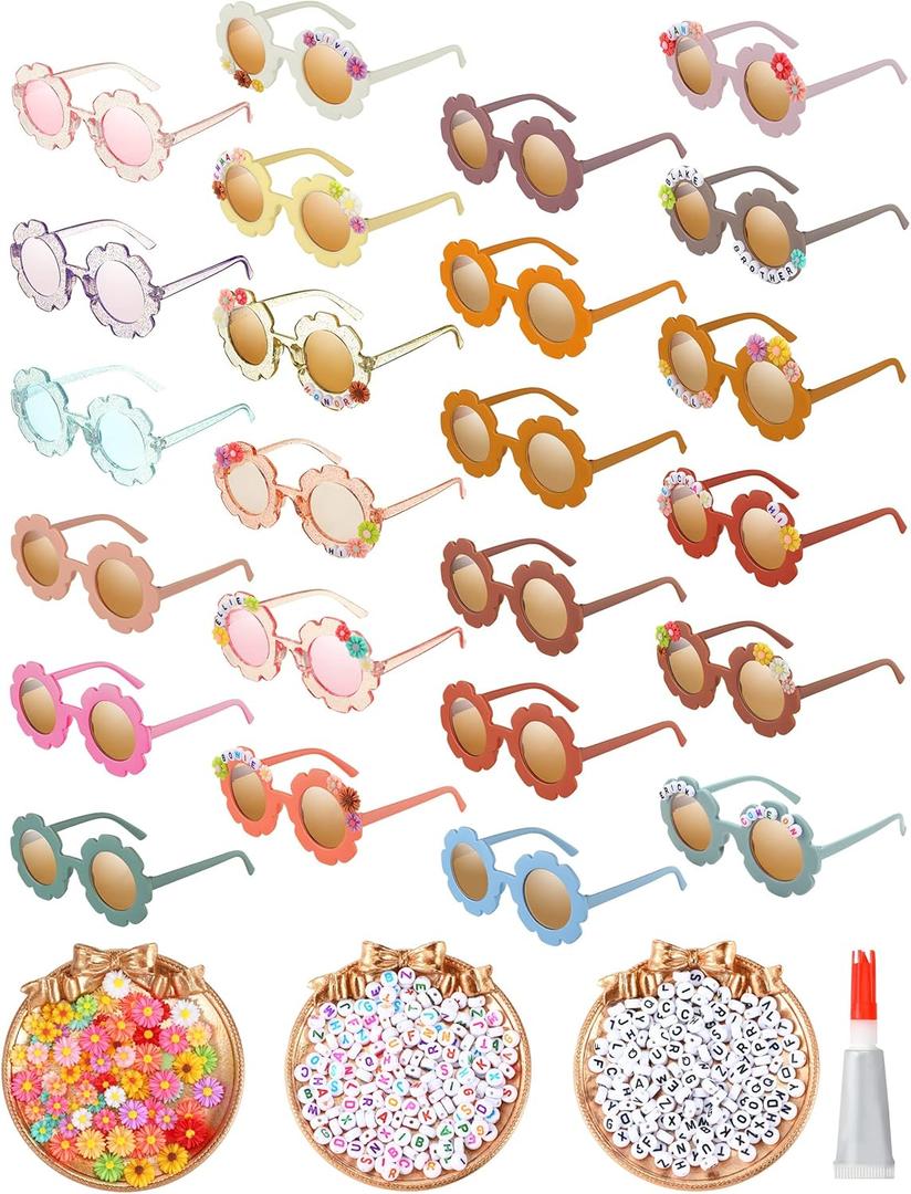 Cindeer 24 Pairs Flower Sunglasses Kids DIY Round Boho Flower Sunglasses Set Includes 100 Pcs Daisy Charm 416 Letter Beads and Glue for Kid Girls Party Favors Gifts Supplies