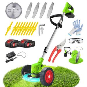 Cordless Weed Wacker Eater Battery Powered, 21V Electric Weed Trimmer with 2 Battery Operated & Charger & Wheels & Shears, 3 in 1 Lightweight No-String Grass Trimmer/Brush Cutter/Lawn Edger for Garden