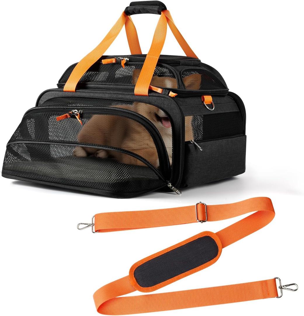 18x13.5x9 TSA Approved top and 1 Side Expandable pet Carrier for Small Dog Puppy cat up to 8 lbs Weight, for Spirit Southwest Airlines with Double Zipper Locks and 2 Pockets. (black)