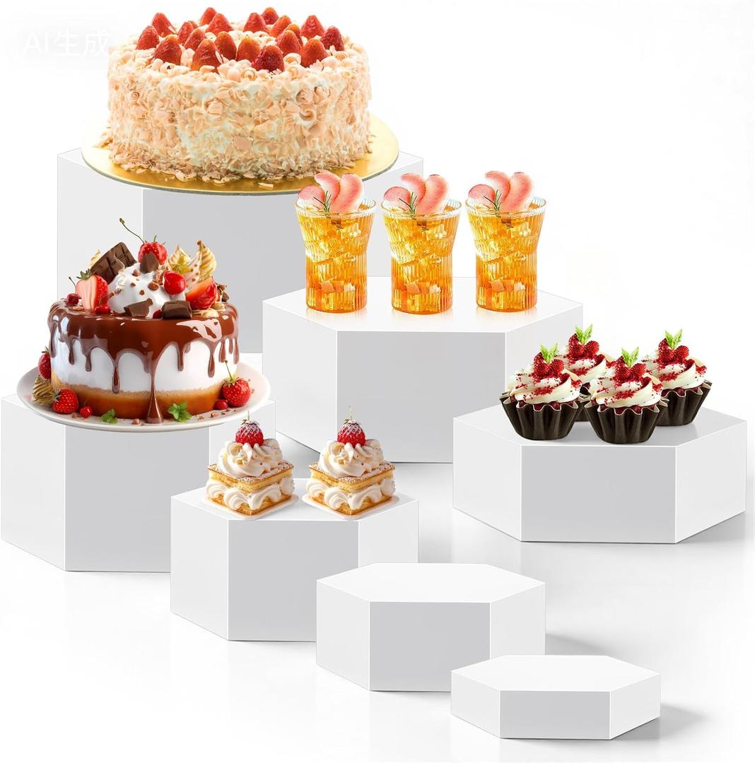 Leinuosen 7 Pcs Large Hexagonal Buffet Risers Set 6" to 12" Acrylic Display Box Catering Dessert Table Riser Food Display Decorative Stand with Hollow Bottom for Catering Supplies (White)