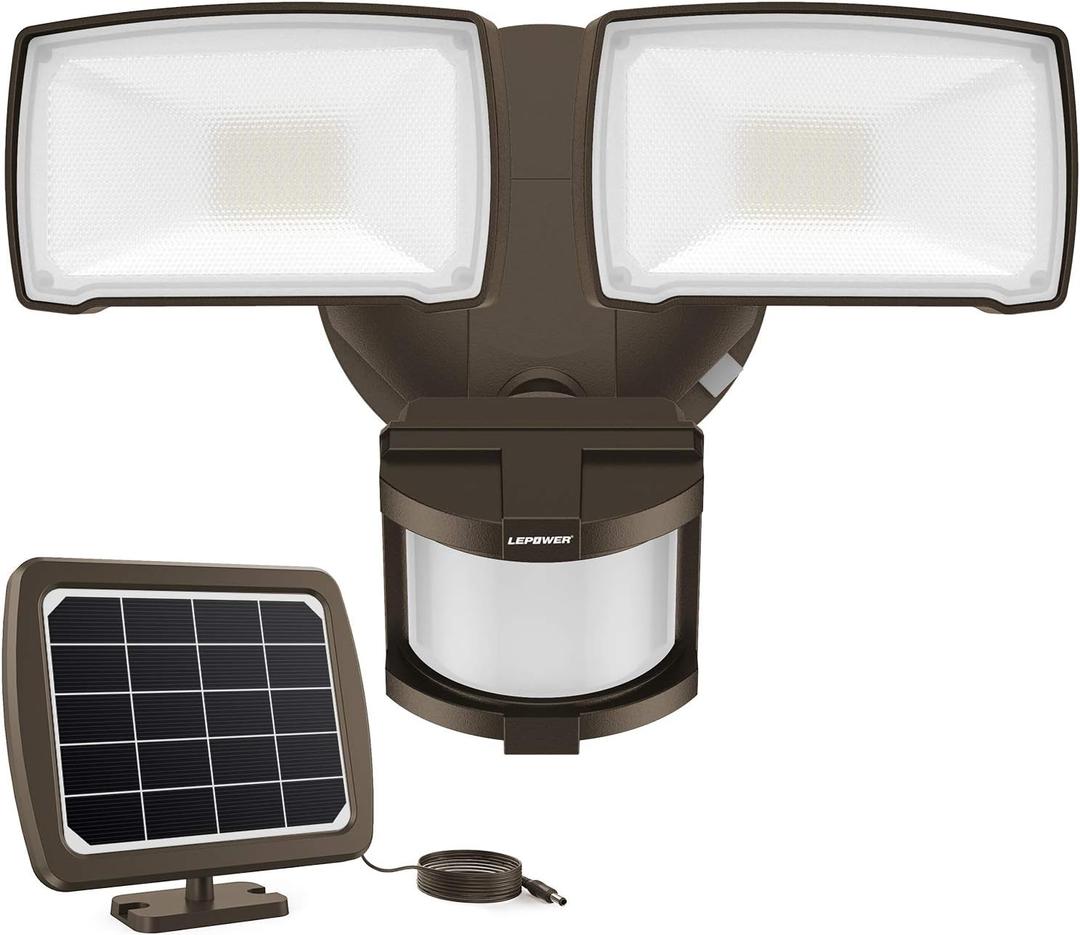 LEPOWER Solar Security Lights Outdoor, 1000LM Solar Motion Sensor Light Outdoor, 2 Head Solar Powered Flood Lights, 5500K, IP65 Waterproof Flood Lights for Backyard(Brown)