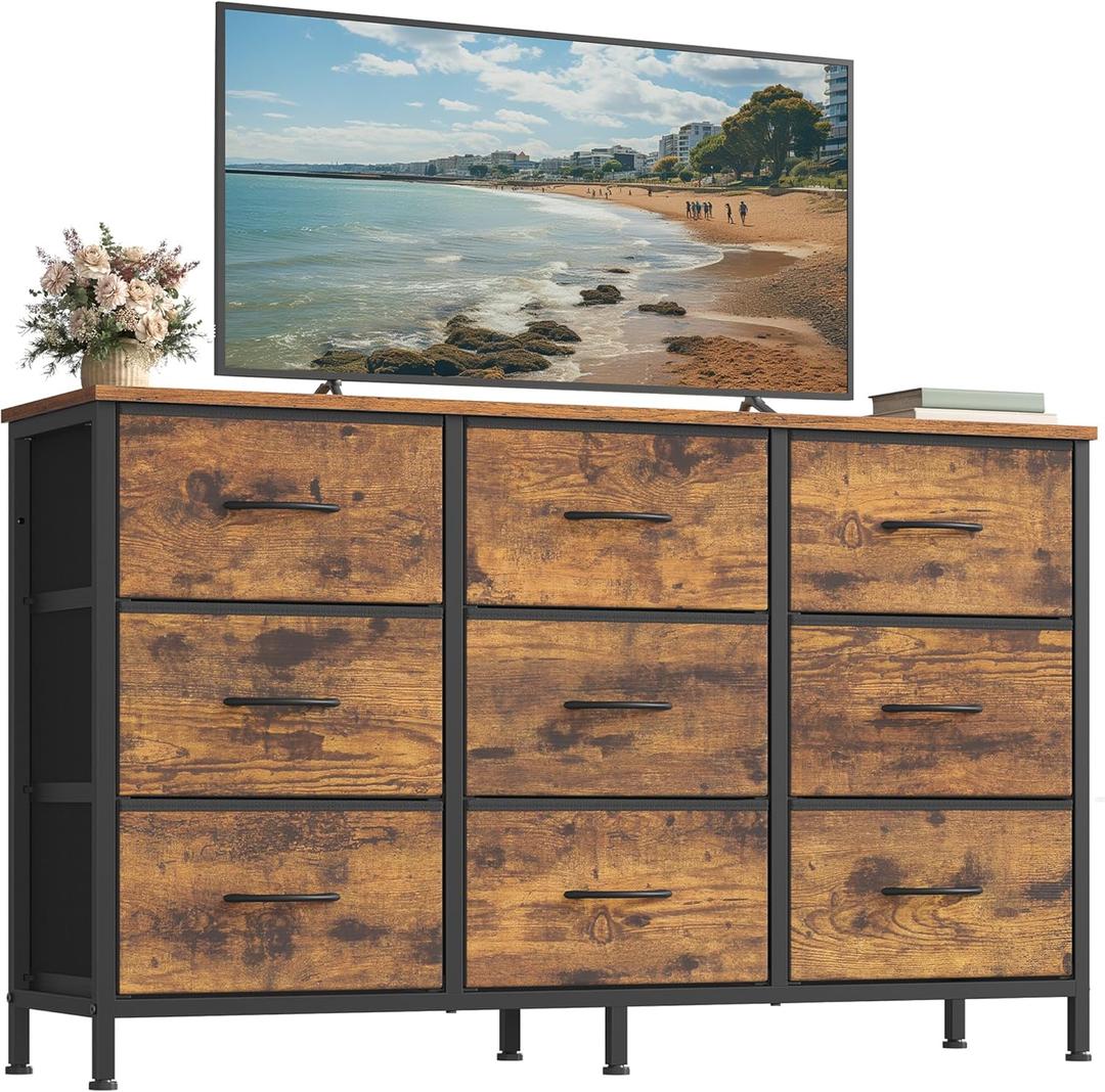 SONGMICS BELLAH Collection - Dresser for Bedroom, TV Stand for TVs Up to 55 Inches, Chest of Drawers for Living Room, Closet, Steel, 9 Drawers, Industrial, Rustic Brown and Ink Black ULGS033KD02S