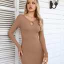 VICHYIE Women Square Neck Ribbed Bodycon Tight Dress Long Sleeve Mid Thigh Pencil Above Knee Dresses (Beige, XL)