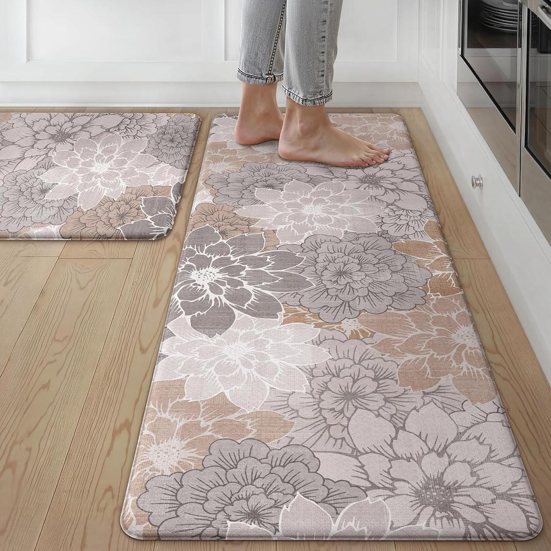GENIMO Kitchen Mats for Floor, Kitchen Rugs Non Slip Washable Sets of 2, Waterproof Cushioned Anti Fatigue Mat, Floral Runner Rug for Laundry, Sink, Office, Home, 20"x32"+20"x48", Taupe Grey