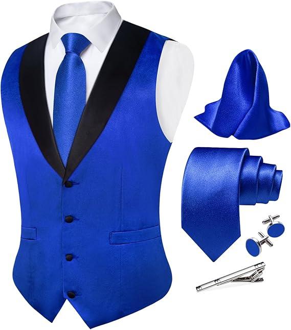 DiBanGu Mens Vest Formal Solid Color Waistcoat and Tie Pocket Square Set Satin Shawl Lapel Dress Vest Wedding Business, XXL