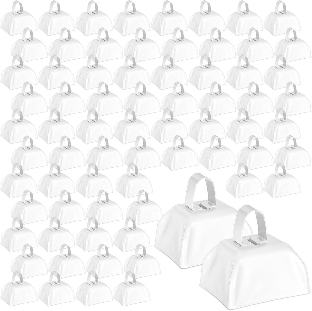 Boao 72 Pcs Metal Cowbells with Handle CowBells Noise Makers Small Call Bells for Christmas Decorations Ornament Football Games Sporting Events Wedding Party Sports, 3 x 2.8 x 2.5 Inch(White)