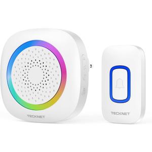 TECKNET Plug-in Wireless Doorbell with RGB Lighting & 1300 Feet Range,IP66 Waterproof Doorbell for Home/Classroom/Office/Business,60 Chimes,5-Level Volume,4.5-Year Battery Life(White)
