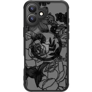 FUNMIKO for iPhone 16 Plus Case Wireless Charging & Military-Grade Protection - Trendy Floral Design for Women Girls, Matte Non-Slip Phone Cover with Shockproof Corners - Floral Sketch