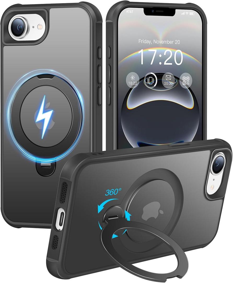 HuwaiH 360 Rotatable Magnetic Ring Stand for iPhone 16e Case, Compatible with MagSafe, Military-Grade Shockproof, Anti-Scratch Matte Translucent Phone Case for iPhone 16e(Black)