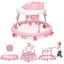 Wismind Baby Walker Foldable with 9 Adjustable Heights, Baby Walkers and Activity Center for Girls Boys Babies 7-18 Months, Baby Walker with Wheels Portable Anti-Rollover (Pink)