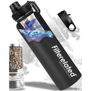 Filterelated 30oz Stainless Steel Portable Alkaline Filter Water Bottle, Creates Up to 9+ Ph of Quality Water, Sports Travel Water Bottle, Removes Water Impurities (Black)