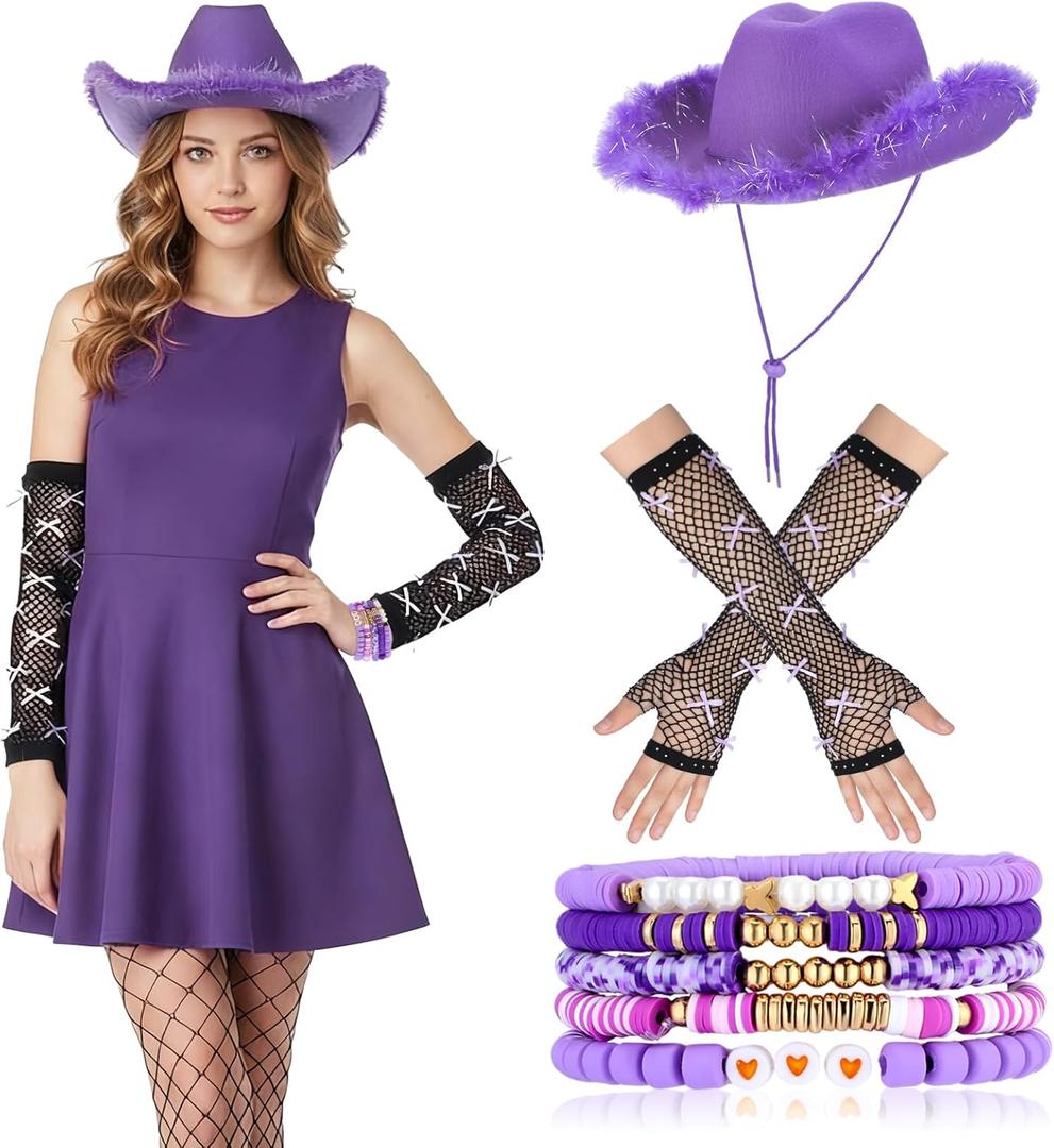Breathffy 7 Pcs Halloween Pop Singer Costume Accessories for Women Purple Butterfly Concert Outfit with Purple Feathers Cowgirl Hat Fishnet Bow Gloves 5 Friendship Bracelets for Halloween Cosplay