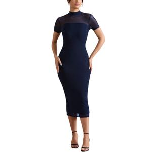 Women's Casual Mesh Elastic Double Layer Mock Neck Short Sleeve Keyhole Back Slit Midi Bodycon Dress Dark Blue (Purple, XXL)