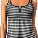 Womens Tankini Tops Only - Modest Swimsuit V-Wired Swim Top Swimwear Tummy Control Bathing Suit No Bottom 2025 Black Striped (Black, M)