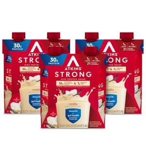 Atkins Strong High Protein Shake, Vanilla Flavored, 30g Protein, Low Carb and Low Sugar Shake, Keto Friendly, Gluten Free, Muscle and Gut Health Support Complex, 12 Count (EXP 05/02/27)