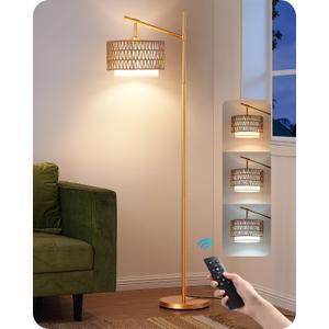 EDISHINE Rattan Arc Floor Lamp with Remote,Gold Farmhouse Standing Lamp with Dimmable LED Bulb,Rattan & Fabric Double Shades,Foot Switch,Adjustable Wicker Floor Lamps for Living Room, Bedroom, Nursery