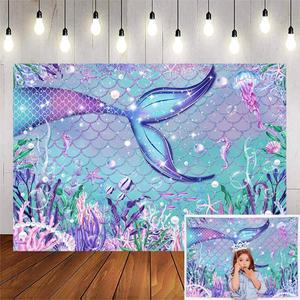 Avezano Mermaid Backdrop for Girls Birthday Under The Sea Little Mermaid Party Banner Decorations Purple Corals Pearls Glitter Scales Underwater Photography Background Supplies (Purple, 7x5ft)