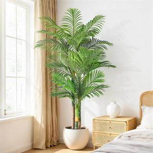 6ft Tall Triple Golden Cane Palm Artificial Tree Large Tropical Palm Tree UV Resistant Fake Plant in Pot for Indoor Outdoor Big House Living Room Outside Patio Office Home Decor 1Pack