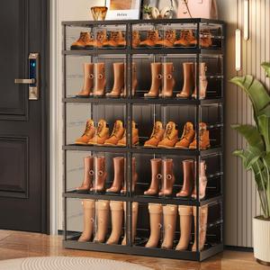 5-Tier Foldable Shoe Rack for Closet Entryway 10-20Pairs,Stackable Clear Shoe Storage Boxes Organizer with Door Plastic Shoe Cabinet Bins with Lids Shoes Shelf Easy Assembly Large Black